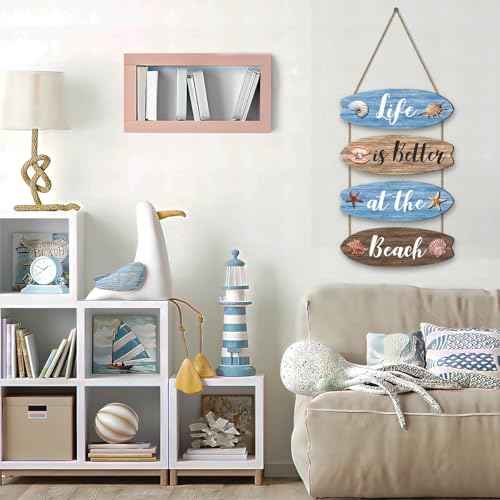 4pcs Beach Bathroom Wall Decor, Blue Wooden Surfboard Coastal Hanging Plaques Inspirational Quote Signs Ornaments for Bedroom Living Room 11.4x3.9 in