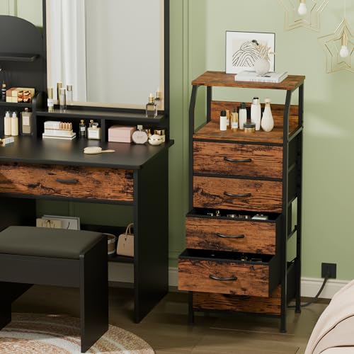 Furnulem 5-Drawer Dresser with Charging Station - Rustic Brown Nightstand