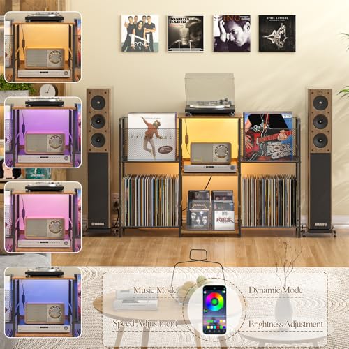 Record Player Stand with Power Outlet & LED Light, Vinyl Storage, Turntable Shelf