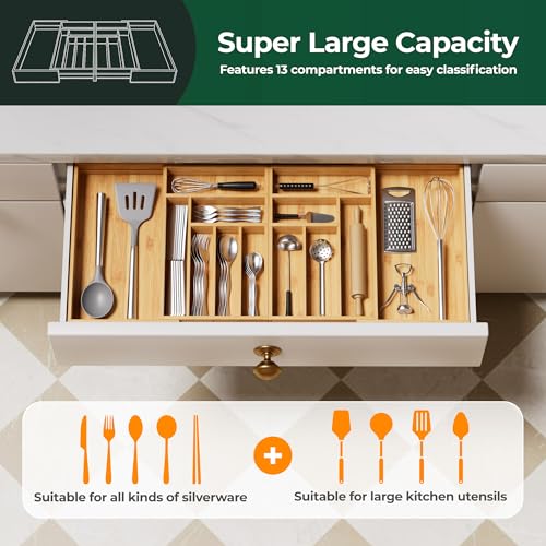 Large Silverware Organizer with 13 Slots - Natural Bamboo Expandable Drawer Divider, Adjustable from 21 to 37.4 Inches – Natural Finish
