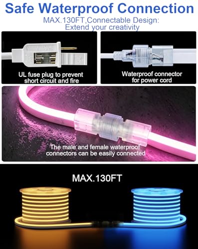 RGB 32.8FT Neon Rope Light with Remote - 16 Colors, Dimmable, Waterproof, Expandable, ETL Certified