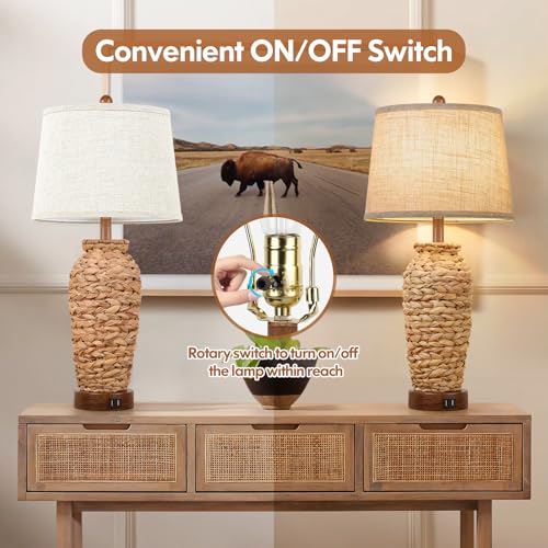 Natural Vase Set of 2 Rattan Table Lamps with USB Charging Ports - Farmhouse Rustic Woven Seagrass Bedside Lamps for Living Room & Bedroom - Cream Shade