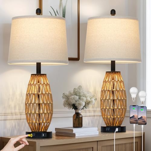 CINSARY 27-Inch Rattan Table Lamps Set of 2 - Boho Bedside & Living Room Decor with USB Charging Ports