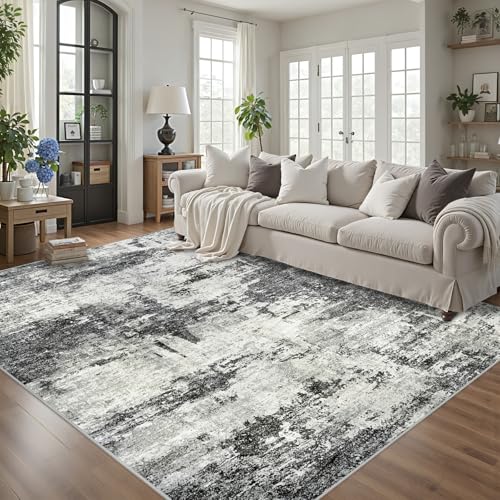 Black 8x10 Abstract Washable Area Rug for Living Room - Non-Slip, Soft & Stain-Resistant