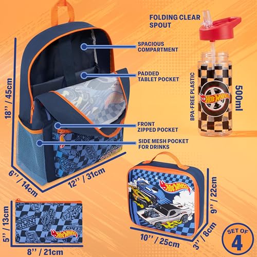 Hot Wheels Boys Backpack Set with Lunch Bag & Water Bottle - Multi