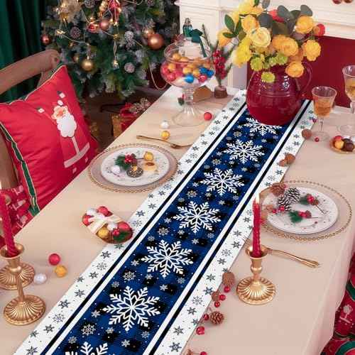 72 x 13 Inch Christmas Table Runner ? Blue and Black Buffalo Plaid with White Snowflake Pattern for Winter Holiday, Kitchen, Dining Table, Mantel, Xmas Party Decorations