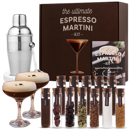 Espresso Martini Cocktail Kit with Glasses, Coffee Grounds & Mixology Tools