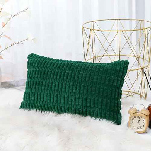 OTOSTAR Corduroy Decorative Throw Pillow Covers 16x24 Inch Super Soft Boho Striped Rectangle Pillow Covers Case Modern Cushion Covers for Sofa Couch Bedroom Car Decor Christmas Green