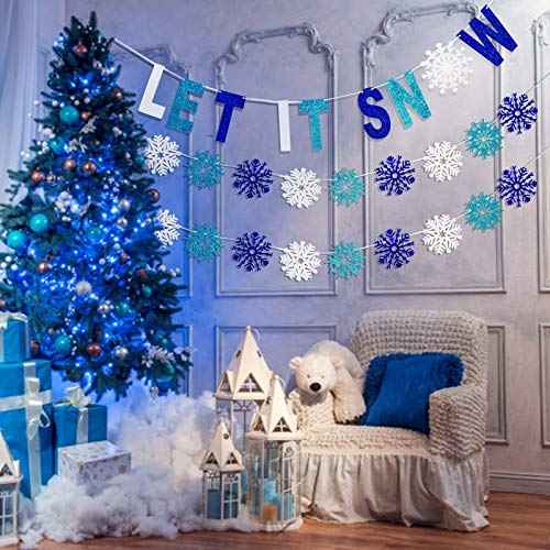 Outus 3 Pieces Let It Snow Banner, Glitter Winter Snowflake Garland Banner, Snowflake Hanging Ornaments for Christmas Holiday Party Decorations New Year Festive Party Supplies (Blue,White)