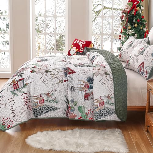 King Size Christmas Quilt Set White by Dobuyly — 110 x 90 Quilt + 2 Sham Shams, Xmas Tree Reindeer Decor