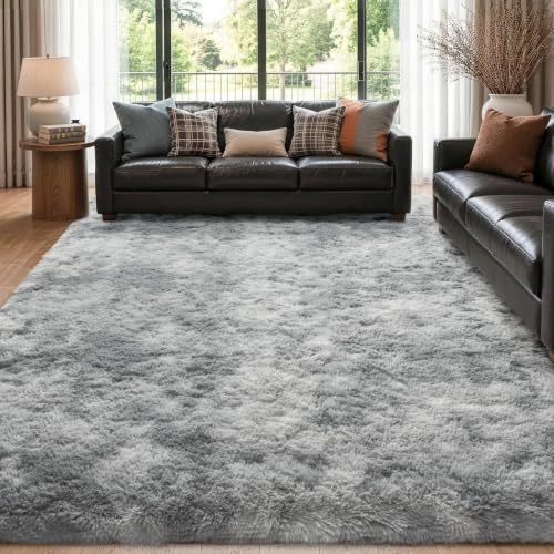 Extra Large Tie-Dyed Grey Fluffy Area Rug 9x12 - Non-Slip, Soft Living Room Carpet - Variation: M-Tie-Dyed Grey / 9' x 12' Rectangular