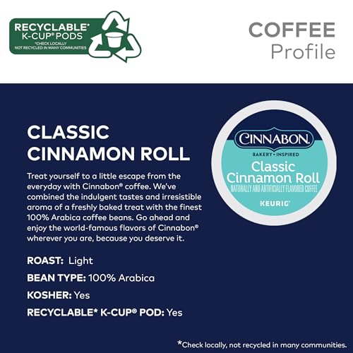 Cinnabon Classic Cinnamon Roll Coffee Pods - 24 Count, Pack of 4, Light Roast, Recyclable K-Cups