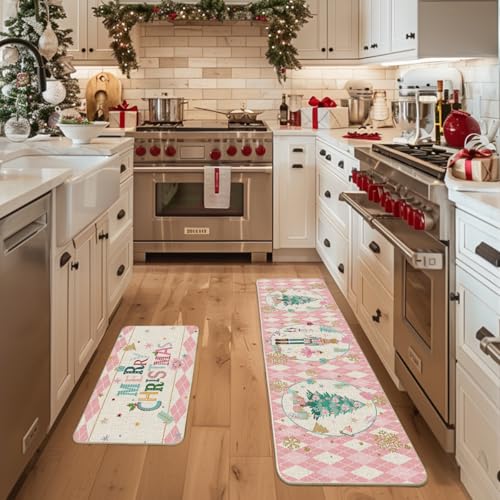 Artoid Mode Christmas Nutcracker Kitchen Mat Set of 2 Pink 17x29 & 17x59 Inches Winter Decor