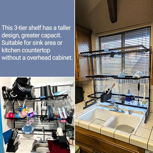 Over The Sink Dish Drying Rack - Expandable 3-Tier Large Dish Rack, Black, 31-39.4 Inches