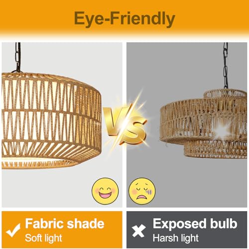 Bohemian 19-Inch Rattan Chandelier with 5 Lights - Farmhouse Dining Light Fixture