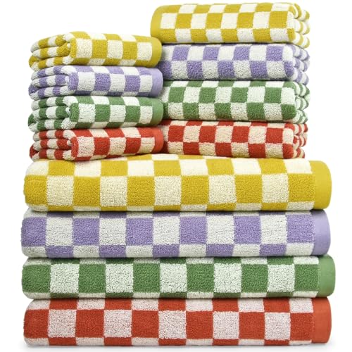 Checkered Cotton Towel Set - 12 Pieces with 4 Colors, Bathroom & Spa Decor