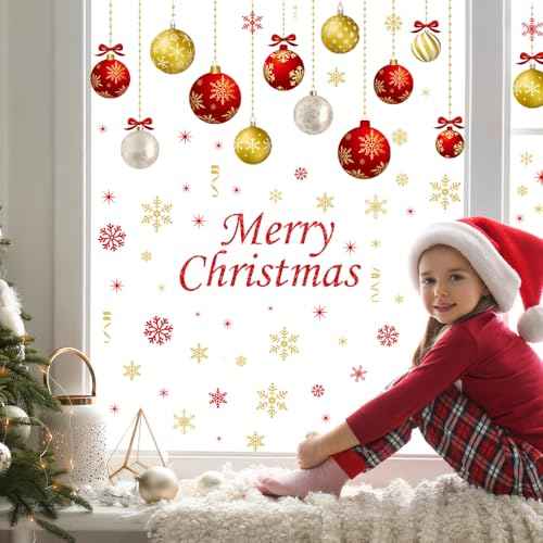IMISHM Christmas Wall Decals - 6 Sheets Removable Decorations, Stickers for Wall, Window, Refrigerator Door - Balls and Ornaments