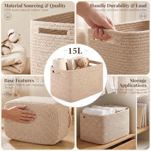OIASKET 4-Pack Natural Cotton Rope Storage Baskets for Toys Clothes & More, Brown, 13''Lx9''Wx7.8''H