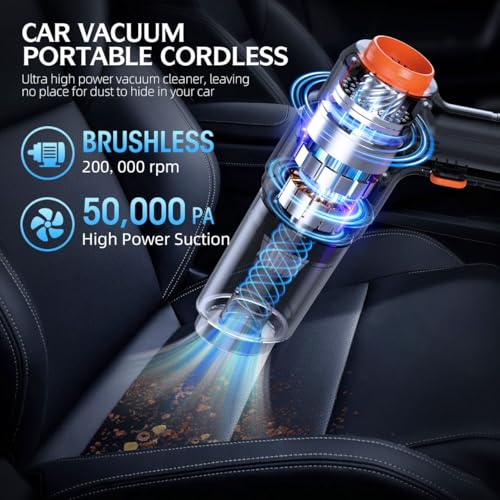 Portable Cordless Car Vacuum Cleaner with 50,000Pa Suction & Dual Batteries