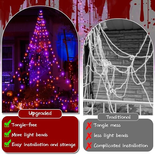 Halloween Spider Web String Lights Outdoor 454 LED Orange & Purple - 17.4FT with Remote & Timer