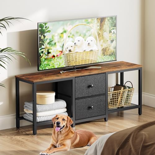 YATINEY TV Stand for 55-Inch TVs with 2 Fabric Drawers Rustic Brown & Black DS02BR