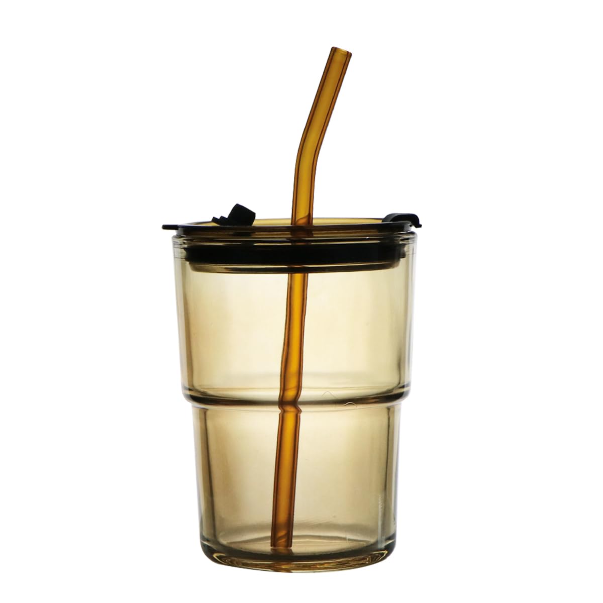 OUDASPV 15oz/450ml Glass Cups with Lids and Straws, Leak-Proof Thick Wall Tumbler Water Glass, Reusable Iced Coffee Cups for Cold & Hot Drinks, Coffee, Tea, Shake (Amber)