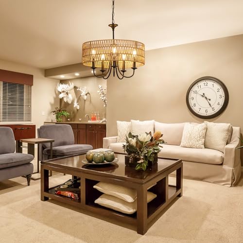 Black Farmhouse Chandelier Light Fixture - 5-Lights Rattan Pendant for Dining Room & Living Room