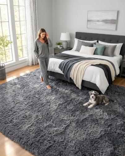 8x10 Ft Large Area Rug for Living Room and Bedroom - Grey Fluffy Shaggy Carpet
