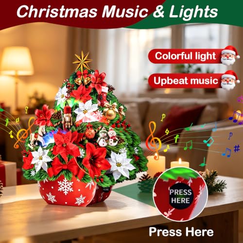 XUNXMAS 10-Inch 3D Pop-Up Christmas Card with Light & Music - Poinsettia Bouquet, Holiday Greeting, Christmas