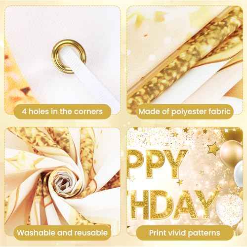 Gold Happy Birthday Decorations Large White Gold Birthday Banner for Women Men Backdrop Banner Poster for Girls Boys Christmas Bday Baby Shower Anniversary Party Supplies