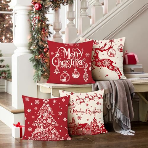 Bonhause Red Christmas 18x18 Inch Pillow Covers Set of 4 – Reindeer & Snowflake Holiday Cushion Covers (Hidden Zipper)
