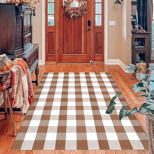 Homydecor Coffee & White Buffalo Plaid Outdoor Rug 4'x6' Farmhouse Welcome Mat