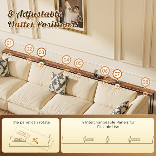 Rustic Brown 141.7 Inch Sofa Table with Power Outlets Behind Couch