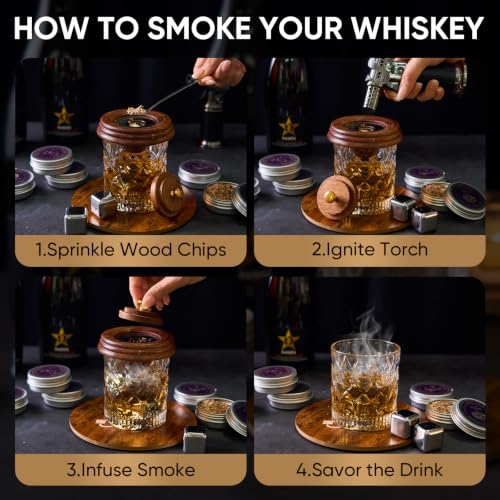 Whiskey Smoker Kit with Torch, Wooden Gift Box, 6 Wood Chips, Glasses & Molds - Natural