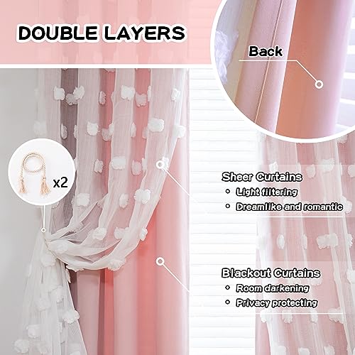 Pink Nursery Curtains Set - Blush Pink Double Layer Blackout Sheer Pom Pom Window Drapes, 52x84 Inches, Pack of 2