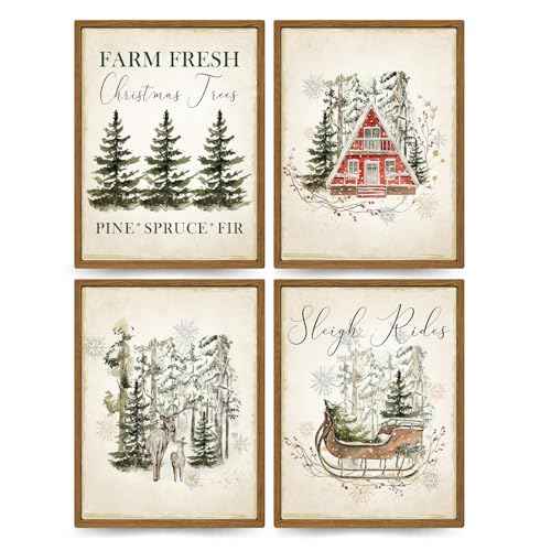 ETVISO Vintage Christmas Wall Decor Prints, Retro Christmas Tree Pictures Wall Art Decorations for Living Room Bedroom Kitchen Bathroom Office, Winter Holidays Gift Poster Set of 4 (8x10 Unframed)