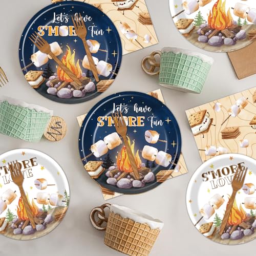 Deorfuy Smores Camping Party Supplies - Disposable Plates Napkins & Forks for 24 Guests