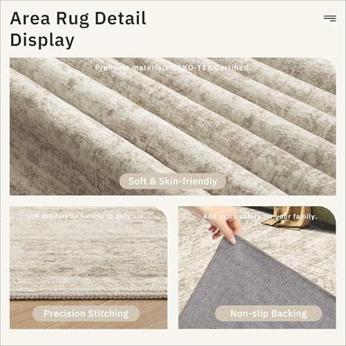 Beige 5x7 Area Rug - Washable Low-Pile Geometric Faded Style Non-Slip Home Decor