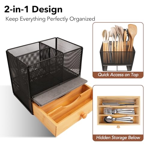 Extra Large Kitchen Utensil Holder with Drawer and Drying Base – Countertop Organizer for Cooking Tools