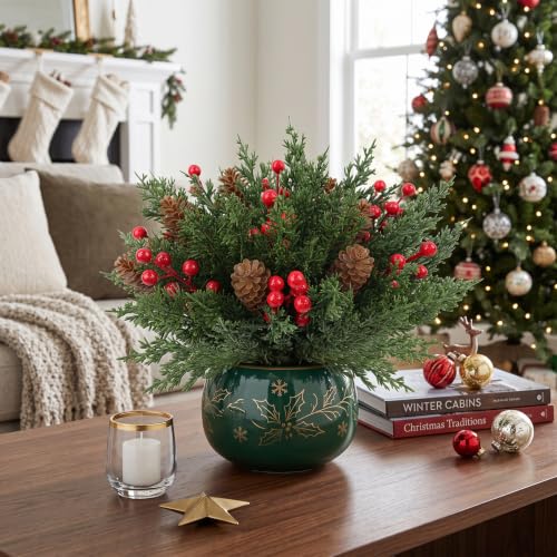 45 Pcs Christmas Artificial Pine Branches with Red Berries & Pine Cones - Holiday Decor