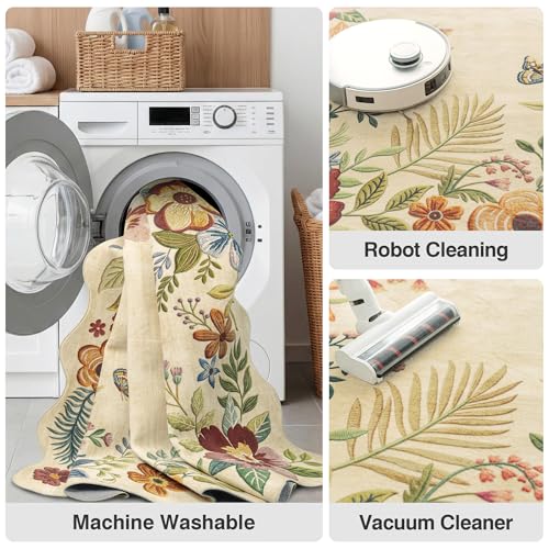 6ft Round Washable Beige Boho Area Rug with Embroidery-Inspired Floral Texture
