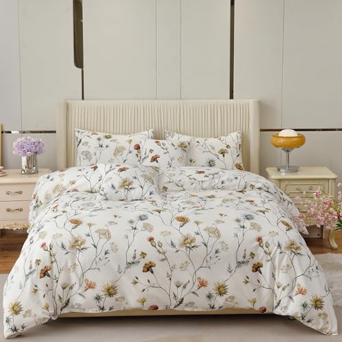 HMtideby White Twin Duvet Cover Set 100% Cotton Floral with Zipper