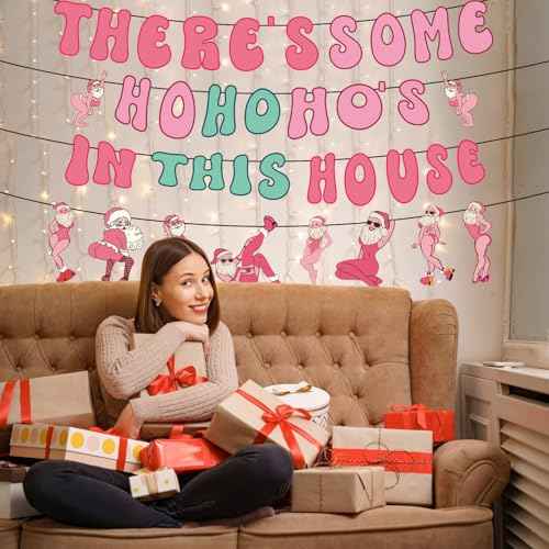 Gameza Friendsmas Christmas Party Decorations - 4PCS There's Some Ho Ho Hos in This House Christmas Banner Pink Naughty Christmas Decorations Party Holiday Santa Claus Xmas Party Decor Supplies No DIY