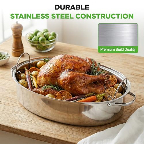 20-Inch Stainless Steel Roasting Pan with Rack and Lid - Oven & Dishwasher Safe