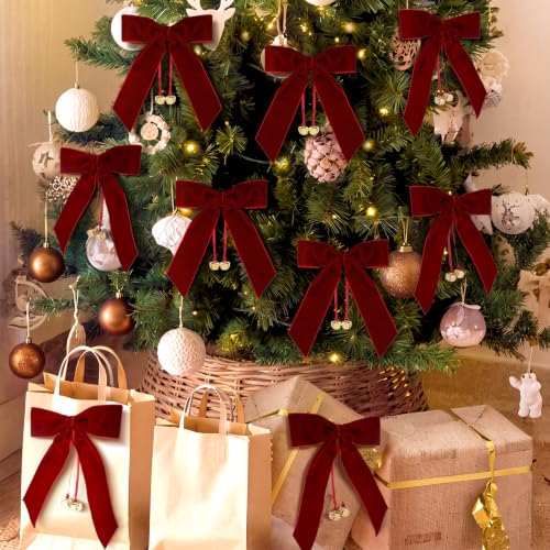 Wavyknot Burgundy Velvet Christmas Bows with Jingle Bells - 12 Pack