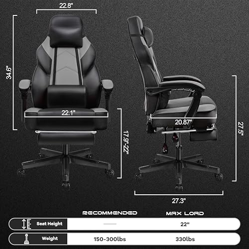 Big & Tall Gaming Chair with Footrest, Massage Lumbar Support, Adjustable Height - Grey / PU Leather