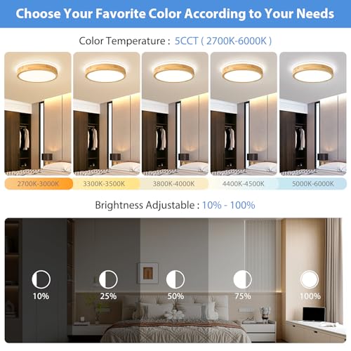 Dimmable Wood Flush Mount Ceiling Light 15.74in - 5CCT Adjustable Modern LED Fixture