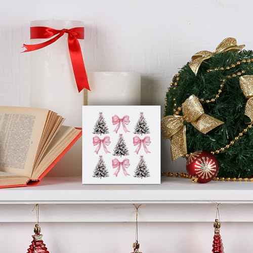 HONLUNG Christmas Tree Decorations Sign,Pink Bows Wooden Box,Christmas Decorations for Home Office Bedroom Living Room Shelf Desk Decor, 5x5 Inches