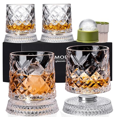 NORIMODA Diamond Cut Spinning Whiskey Glass Set of 4 - 9.5 oz with Rotating Bases & Ice Molds