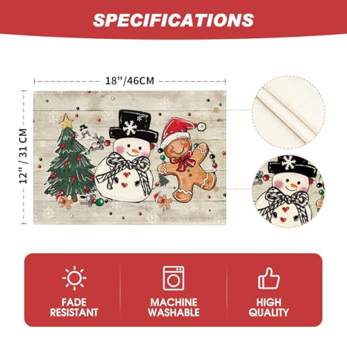 Artoid Mode Snowman Tree Gingerbread Wood Placemats Set of 4, 12x18 in